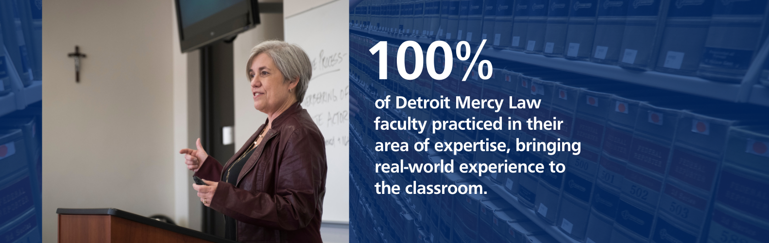 Faculty member teaching class; 100% of Detroit Mercy Law faculty practiced in their area of expertise, bring real-world experience to the classroom