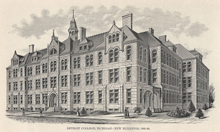 A drawn rendering of the School of Law building from 1890